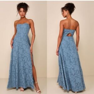 Lulus Garden of Romance Dusty Blue Strapless Burnout Floral Maxi Dress 10/12 NWT